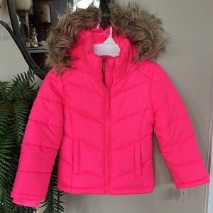 Brand New SO Bright Neon Pink Zip Up Winter Jacket Hooded Puffer Faux Fur Trim